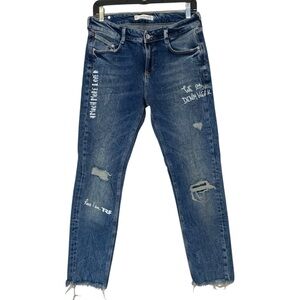 Zara Distressed Graffiti Detail Slim Leg Jeans Size 8